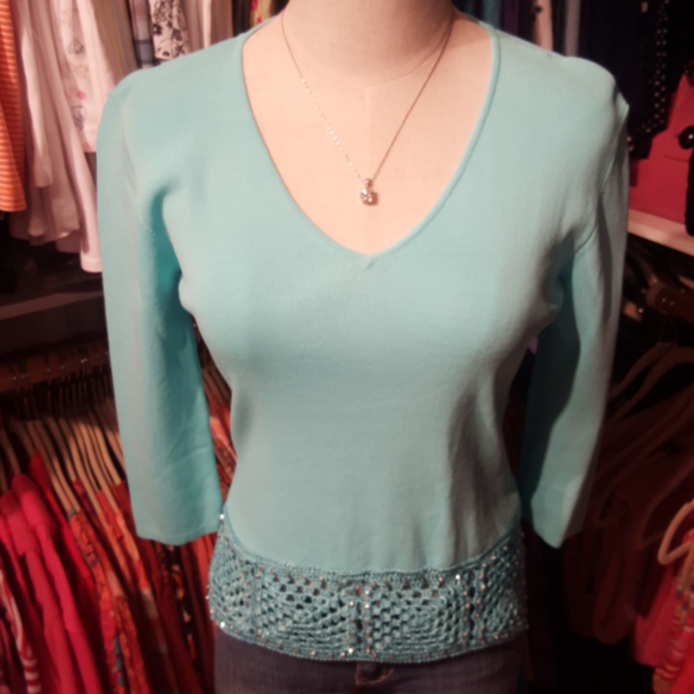 JOSEPH A ♡ Gorgeous Pale Turquoise 3/4 Length Sleeve Embellished Lace Knit Top S